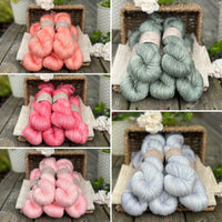 a collage showing five different colourways of hand dyed yarn 