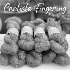 A black and white image of nine skeins of yarn. Carlisle Fingering is written across the top of the image in white text