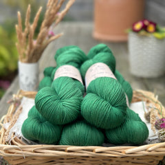 Five skeins of hand dyed yarn in a rich medium-toned green. 