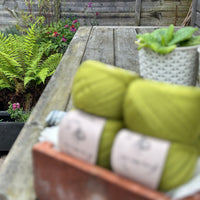 Balls of green yarn out of focus in front of a fern