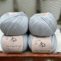 Balls of pale blue yarn