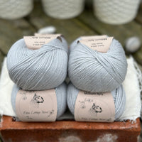 Balls of pale blue yarn