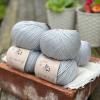 Balls of pale blue yarn