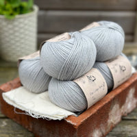 Balls of pale blue yarn