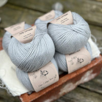 Balls of pale blue yarn