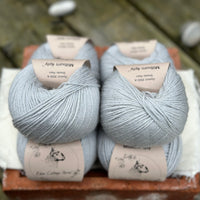 Balls of pale blue yarn