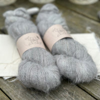 Two skeins of fluffy grey yarn