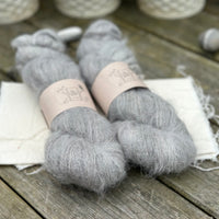 Two skeins of fluffy grey yarn