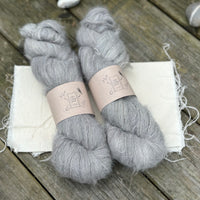 Two skeins of fluffy grey yarn