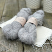 Two skeins of fluffy grey yarn