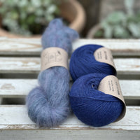 A skein of fluffy blue yarn with two balls of dark blue yarn
