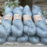 9 skeins of fluffy pale blue yarn