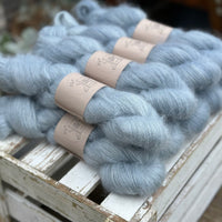 9 skeins of fluffy pale blue yarn