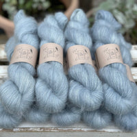 9 skeins of fluffy pale blue yarn