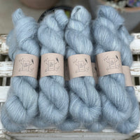 9 skeins of fluffy pale blue yarn