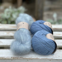 A skein of fluffy pale blue yarn with two balls of blue yarn