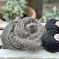 A swirl of fluffy dark grey yarn wth two balls of black yarn