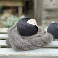 A swirl of fluffy dark grey yarn wth two balls of black yarn