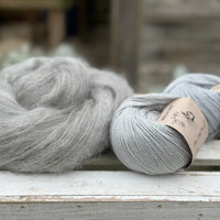 A swirl of fluffy grey yarn alongside 2 balls of pale blue yarn