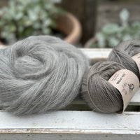 A swirl of fluffy grey yarn with two balls of grey yarn