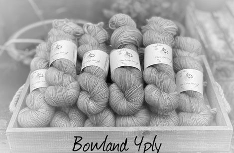 Black and white image of skeins of yarn with "Bowland 4ply" overlaid in black text