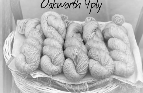 Black and white image of skeins of yarn with "Oakworth 4ply" overlaid in black text