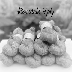 Black and white image of skeins of yarn with "Rosedale 4ply" overlaid in black text